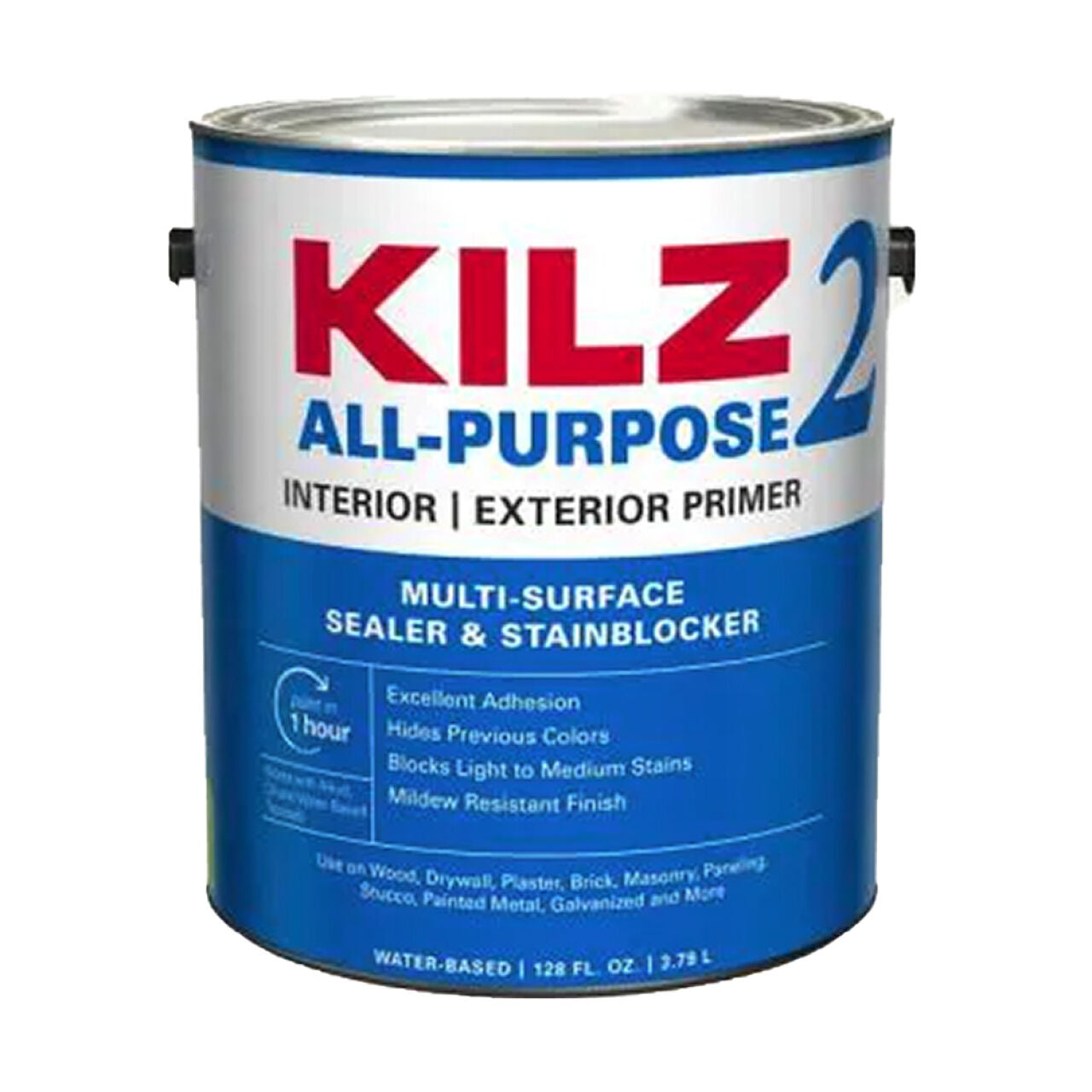 A 1 gal. can of Go Build Interior/Exterior Multi-Surface Primer, Sealer & Stain Blocker in white, offering strong sealing and stain-blocking performance for various projects. Brand: Go Build, The Fastest Way To Build.